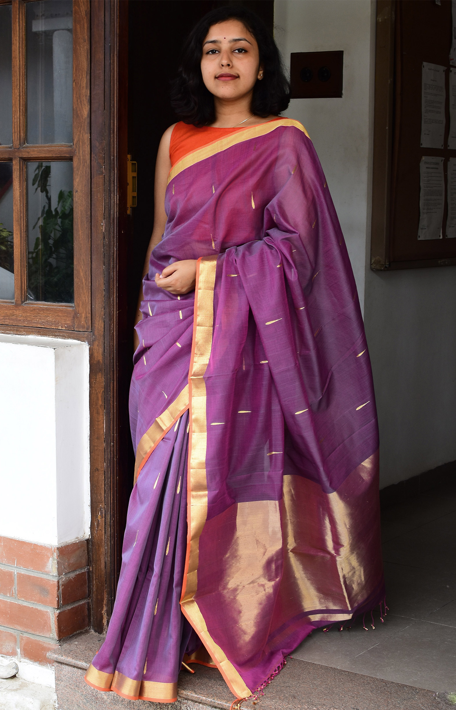 Pinkish Purple, Handwoven Organic Cotton, Textured Weave , Jacquard, Festive Wear, Jari, Butta  Saree